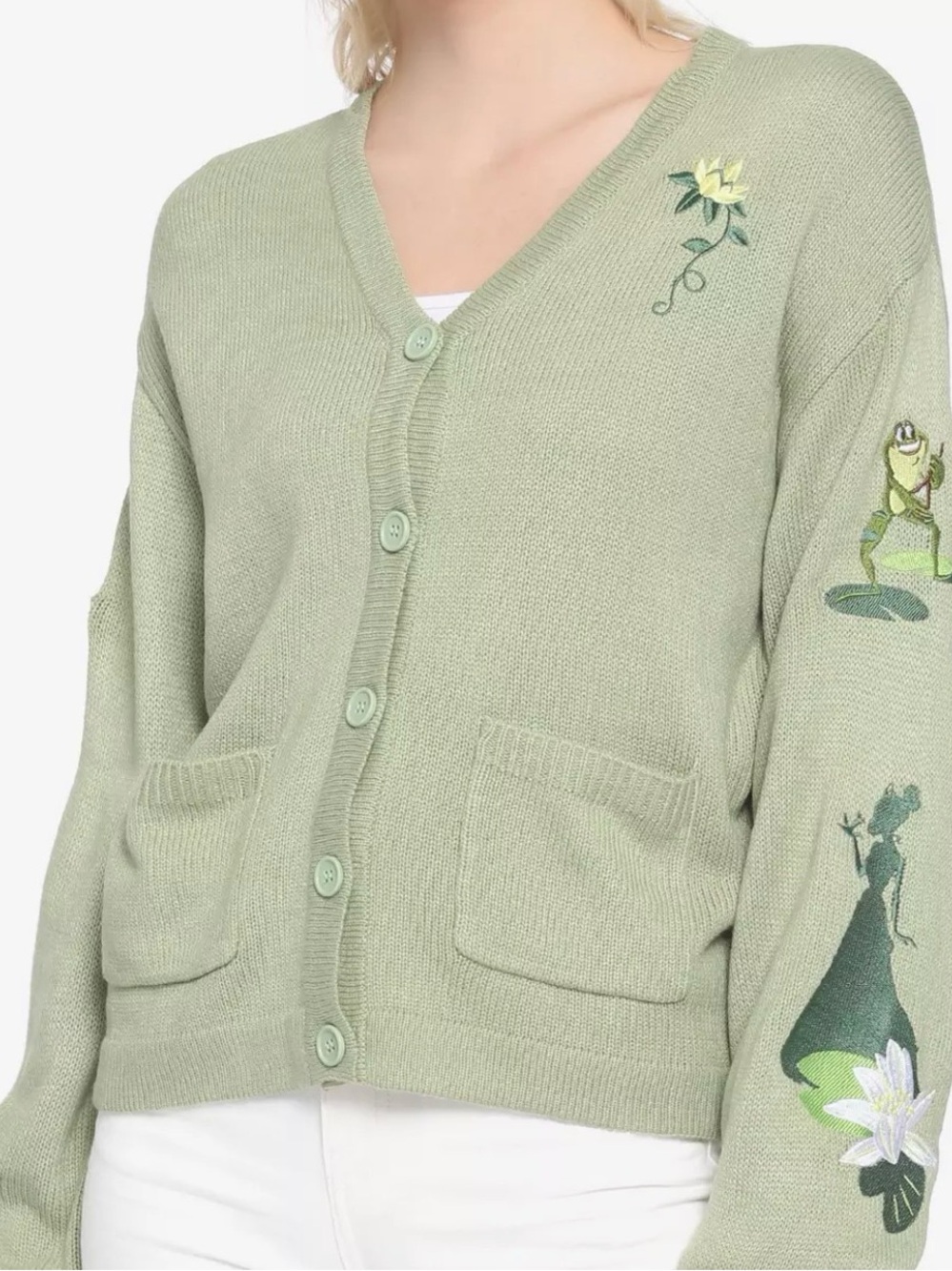 Disney Tiana Sage Green Embroidered Cardigan Sweater